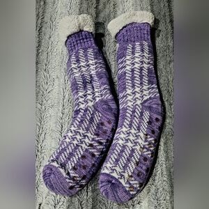 Purple and White Patterned Fuzzy Socks